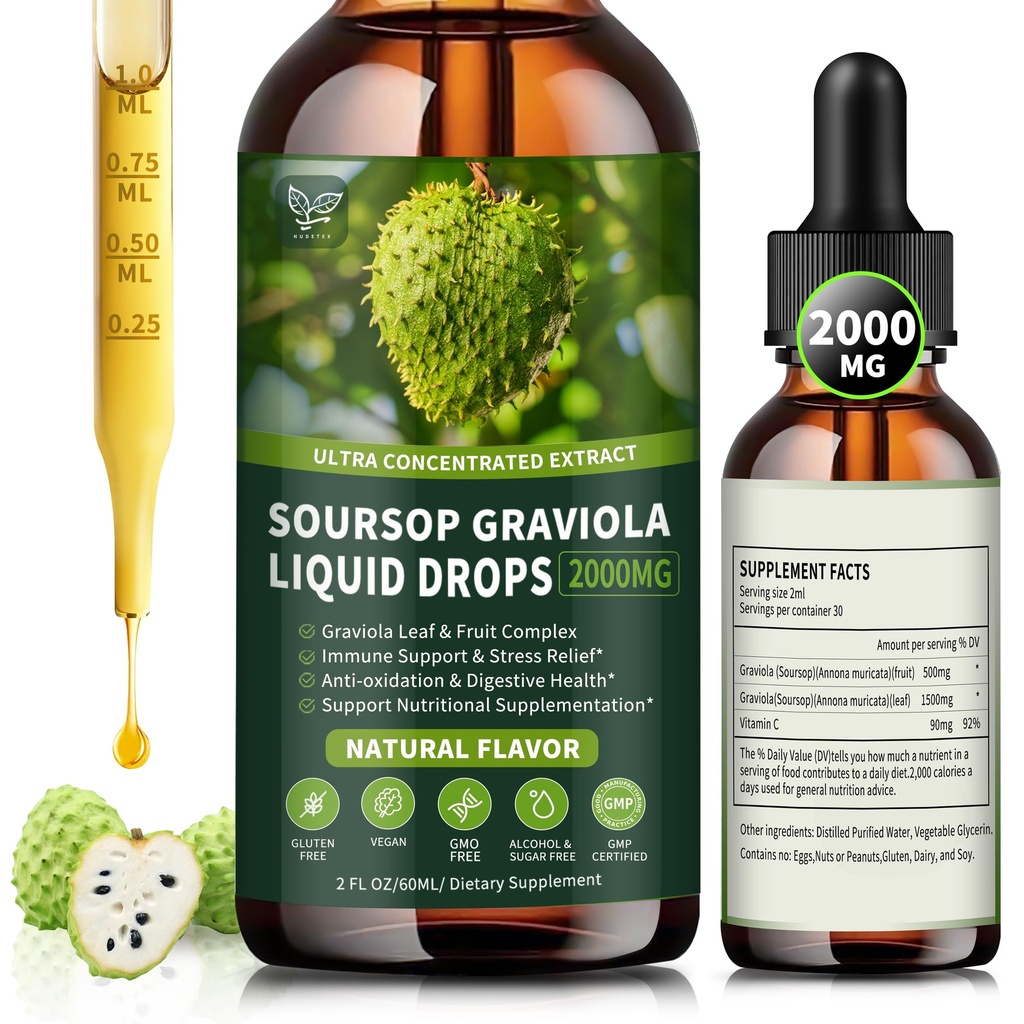 Soursop Graviola Liquid Drops 2000mg, Organic Soursop Extract - 98% Απορρόφηση Soursop Bitters Liquid for Cell Support & Regeneration and Immune Boost, Sugar/Gluten Free, Natural Flavor, 2 Fl Oz