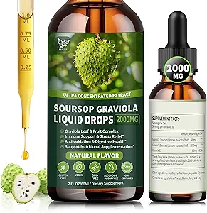 Soursop Graviola Liquid Drops 2000mg, Organic Soursop Extract - 98% Absorption Soursop Bitters Liquid for Cell Support & Regeneration and Immune Boost, Sugar/Gluten Free, Natural Flavor, 2 Fl Oz