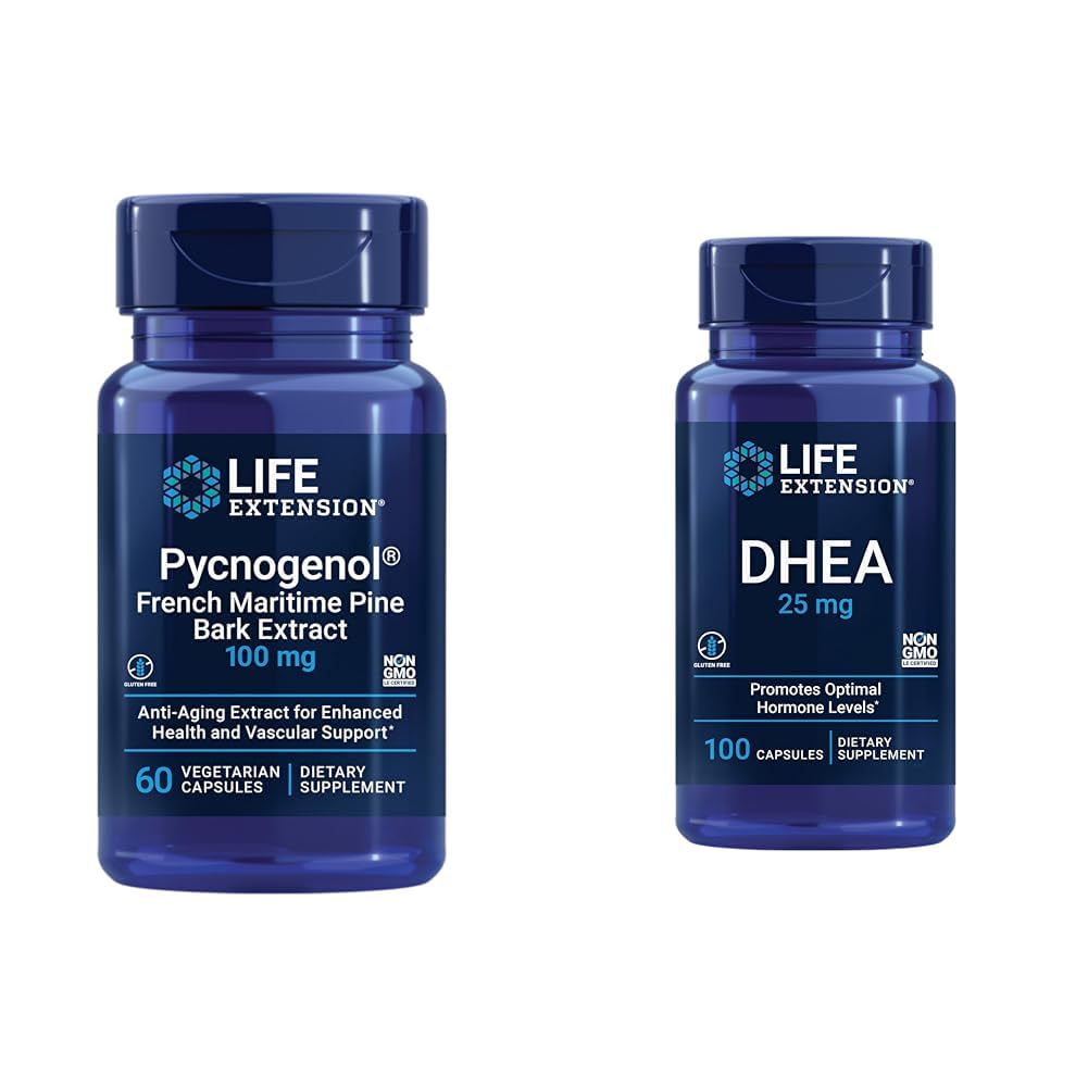 Life Extension French Maritime Pine Bark Extract with DHEA Hormon Dengesi - 60 Capsules Pycnogenol & 100 Capsules DHEA 25 mg