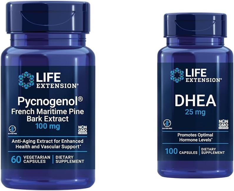 Life Extension French Maritime Pine Bark Extract with DHEA Hormon Dengesi - 60 Capsules Pycnogenol & 100 Capsules DHEA 25 mg