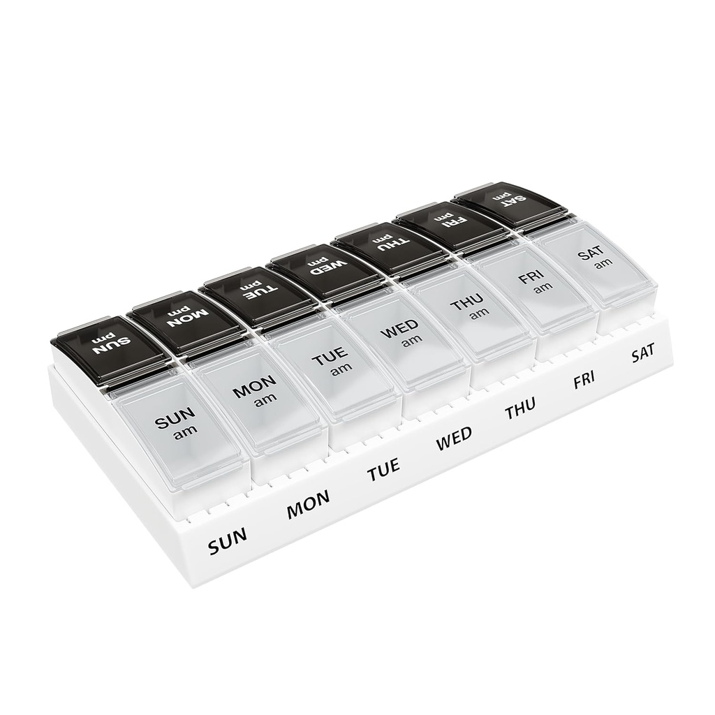 EZY DOSE Weekly (7-Day) Daily AM/PM Pill Case, Tıp Planlayıcı, Vitamin Organize, Tamam Konteyner, Küçük Pop-out Karşılaştırmalar, Seyahat için Tasarlandı, 2 Zaman Bir Gün, Siyah ve Clear Lids