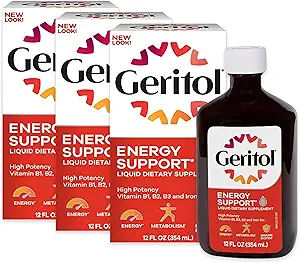 Geritol Liquid Vitamin and Iron Supplement, Energy Support, Περιέχει υψηλής ισχύος B-βιταμίνες και σίδηρο, ευχάριστη γεύση, εύκολο να καταπιούν, χωρίς τεχνητά γλυκαντικά, μη GMO, 12 Oz, 3 συσκευασίας