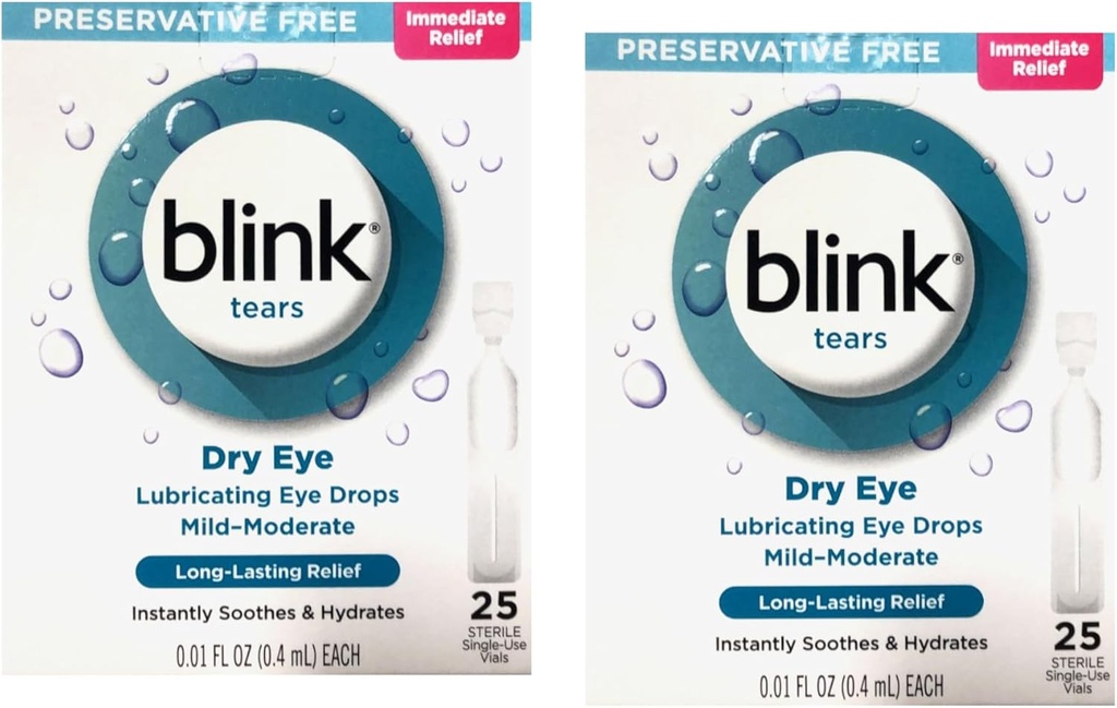 Blink Δάκρυα Συντηρητικές δωρεάν λιπαντικές σταγόνες ματιών, Άμεση και μακράς διάρκειας ανακούφιση για ξηρά μάτια, 25 αποστειρωμένα φιαλίδια μονής χρήσης, 0. 01 FL OZ (0. 4 mL) το καθένα (πακέτο των 2)