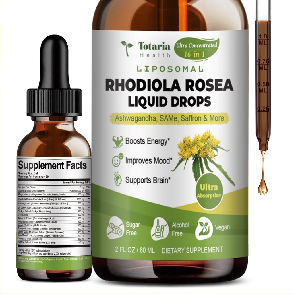 Totaria 16-in-1 Liposomal Rhodiola Rosea Tincture, Ultra Strength Rhodiola Supplement w/Ashwagandha, Saffron, Magnezyum, SAM-e, Rhodiola Rosea Ekstralama için Sıvı Öpücü, Mood, Energy
