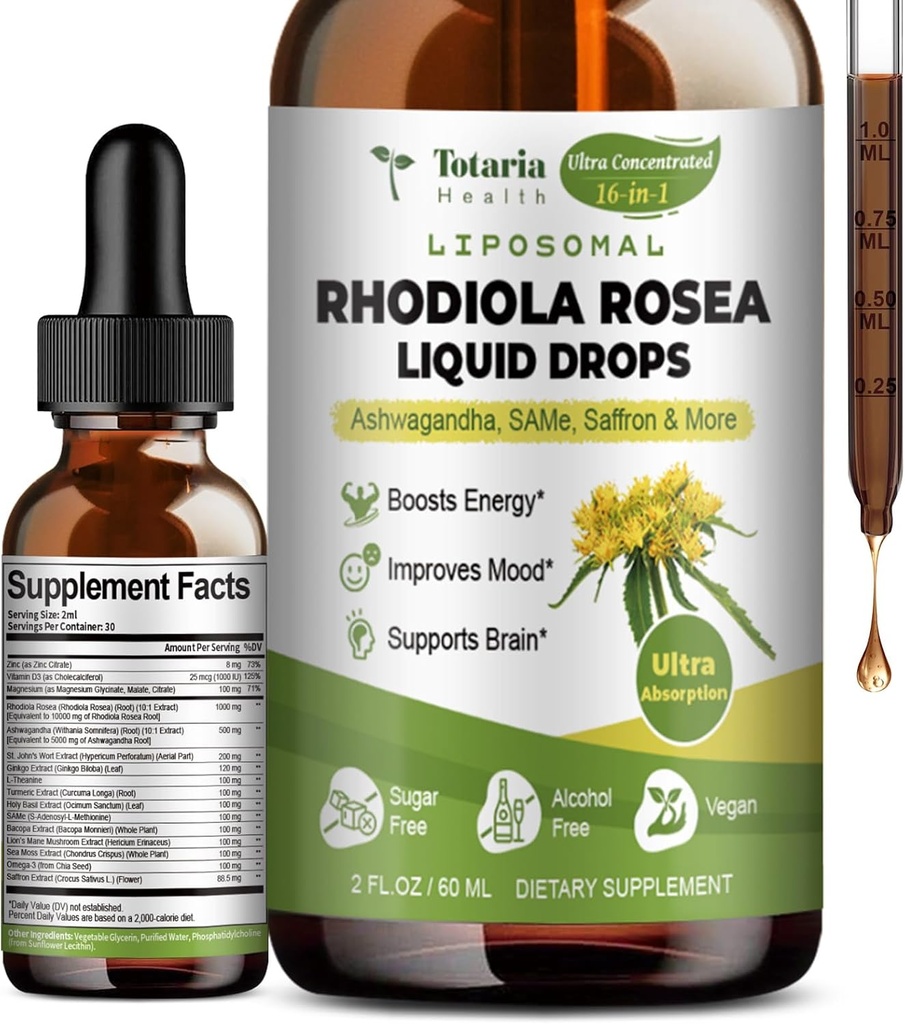 Totaria 16-in-1 Liposomal Rhodiola Rosea Tincture, Ultra Strength Rhodiola Supplement w/Ashwagandha, Saffron, Magnezyum, SAM-e, Rhodiola Rosea Ekstralama için Sıvı Öpücü, Mood, Energy
