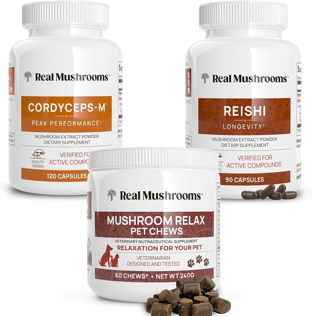 Real Mushrooms Reishi & Cordyceps for Humans & Mushroom Pet Relax Chews - Rahatlama için Grafik, Enerji & Immunity - Vegan, Non-GMO, Gluten-Free, Mal-Free Mushroom Ekstralar