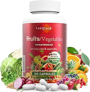 1st Aid Fruits-Veggies Nutritional-Supplement Home-Essential Dietary-Capsules - 180Count Whole Food Fruit and Vegetable Vitamins Mixed Dietary Supplements for Unisex