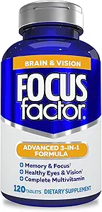 Focus Factor Adults Brain and Vision Supplement, 120 Count - Eye Vitamin, Mineral Supplement & Complete Multivitamin w/Lutein & Zeaxanthin – Brain Supplement for Focus, Concentration, Memory