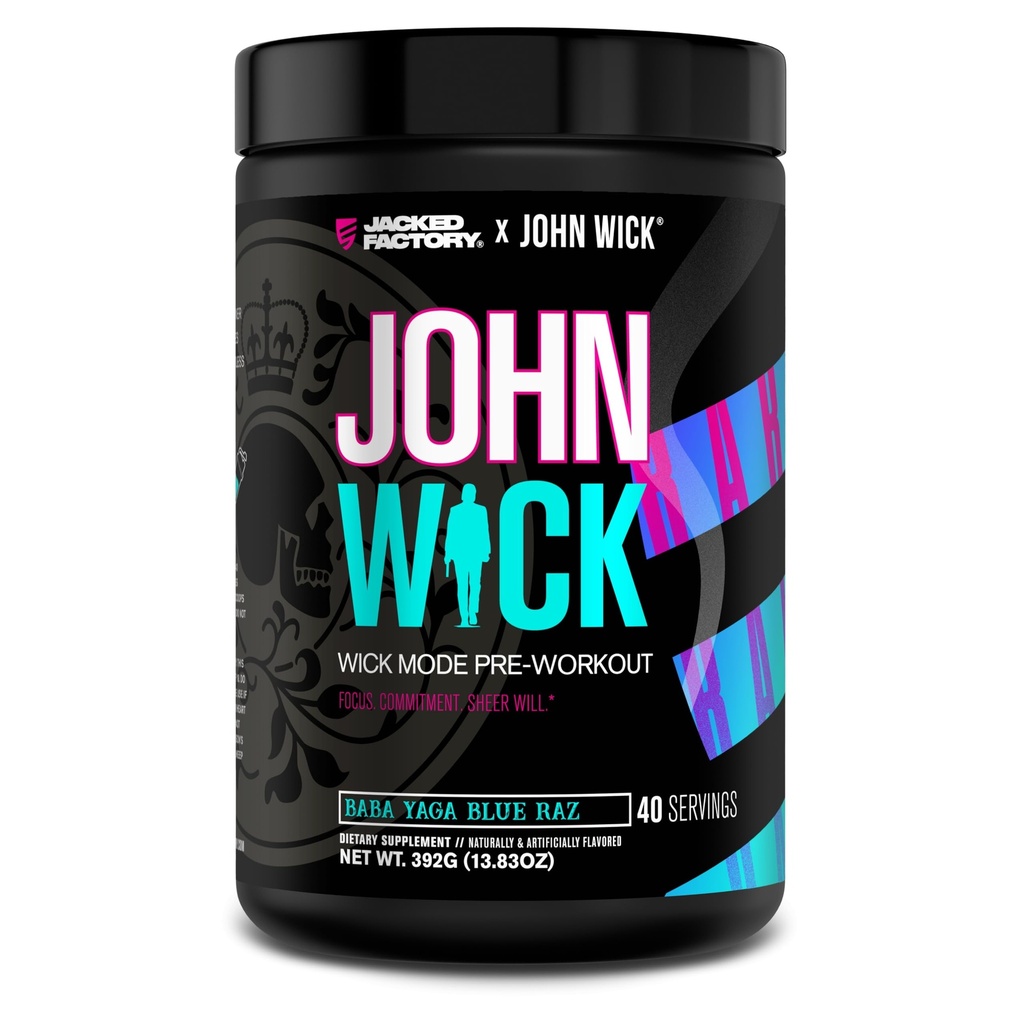 Jacked Factory X John Wick - Wick Mode Pre Workout Toz - Intense Energy, Battle-Ready Focus, Unstoppable Commitment ve Sheer Will - 40 Hizmet, Baba Yaga Blue Raz