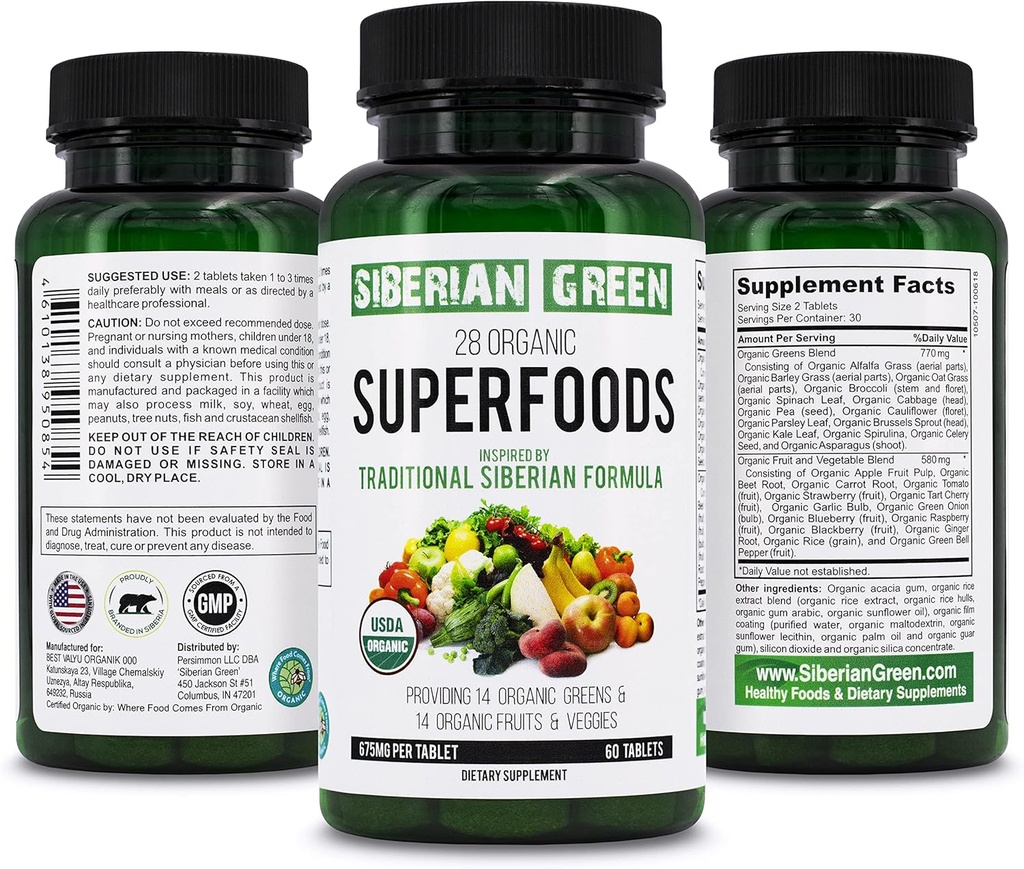 Σιβηρικό Πράσινο 28 Βιολογικά Superfoods Συμπλήρωμα 60 Tablets - 14 Essential Greens, 14 Nutritious Fruits & Veggies from Traditional Formula for Energy, Wellness, Health