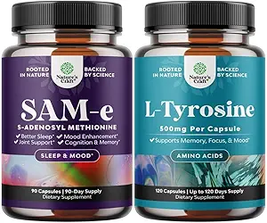 Bundle of Pure SAM E Supplement 150mg - Nootropic Same 150mg Per Serving for Memory & Brain Support and Free Form L Tyrosine 500mg for Mental Energy & Focus Support - Amino Acid Nootropic Supplement
