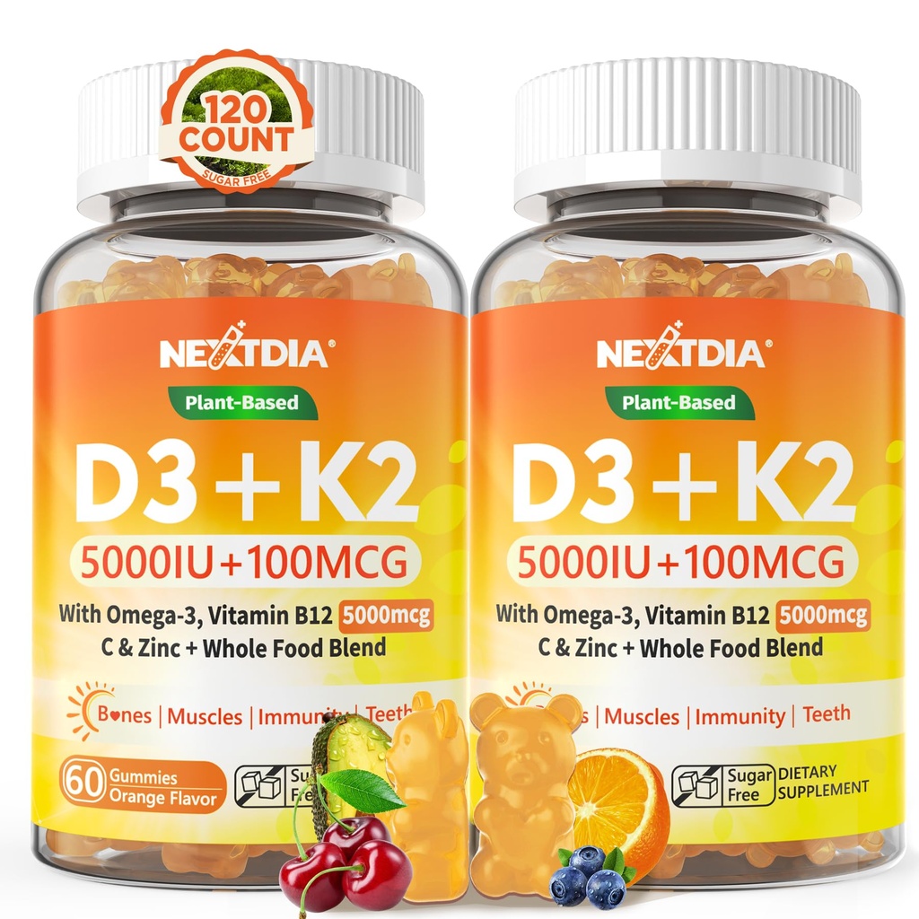 Βιταμίνη D3 K2 Gummies 5000IU / 10.000 IU με Omega-3 250mg + K2(MK-7) 100mcg - 5X Απορρόφηση από την τυπική D3K2, με βιταμίνη C, ψευδάργυρο, και 5 βιολογικά λαχανικά, Υποστηρίγματα Οστική & Δόντια Δύναμη, Ανοσοποιητικό