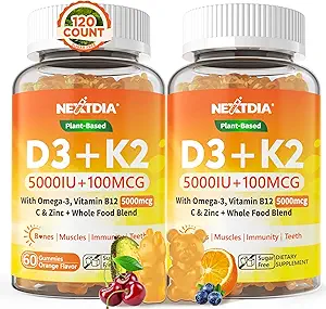 D3 K2 Gummies 5000IU / 10.000 I with Omega-3 250 mg + K2 (MK-7) 100 C3K2, C, çinko, ve 5 Organik Sebzeler,Depres Bone & Teeth Strength, Immune