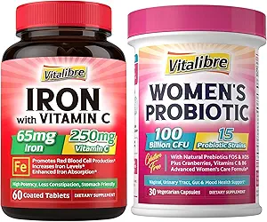 Magnesium Complex Supplement 6 in 1+ Women's Probiotics 100 Billion CFU + Iron Supplement, 65mg Carbonyl Iron with 250mg Vitamin C