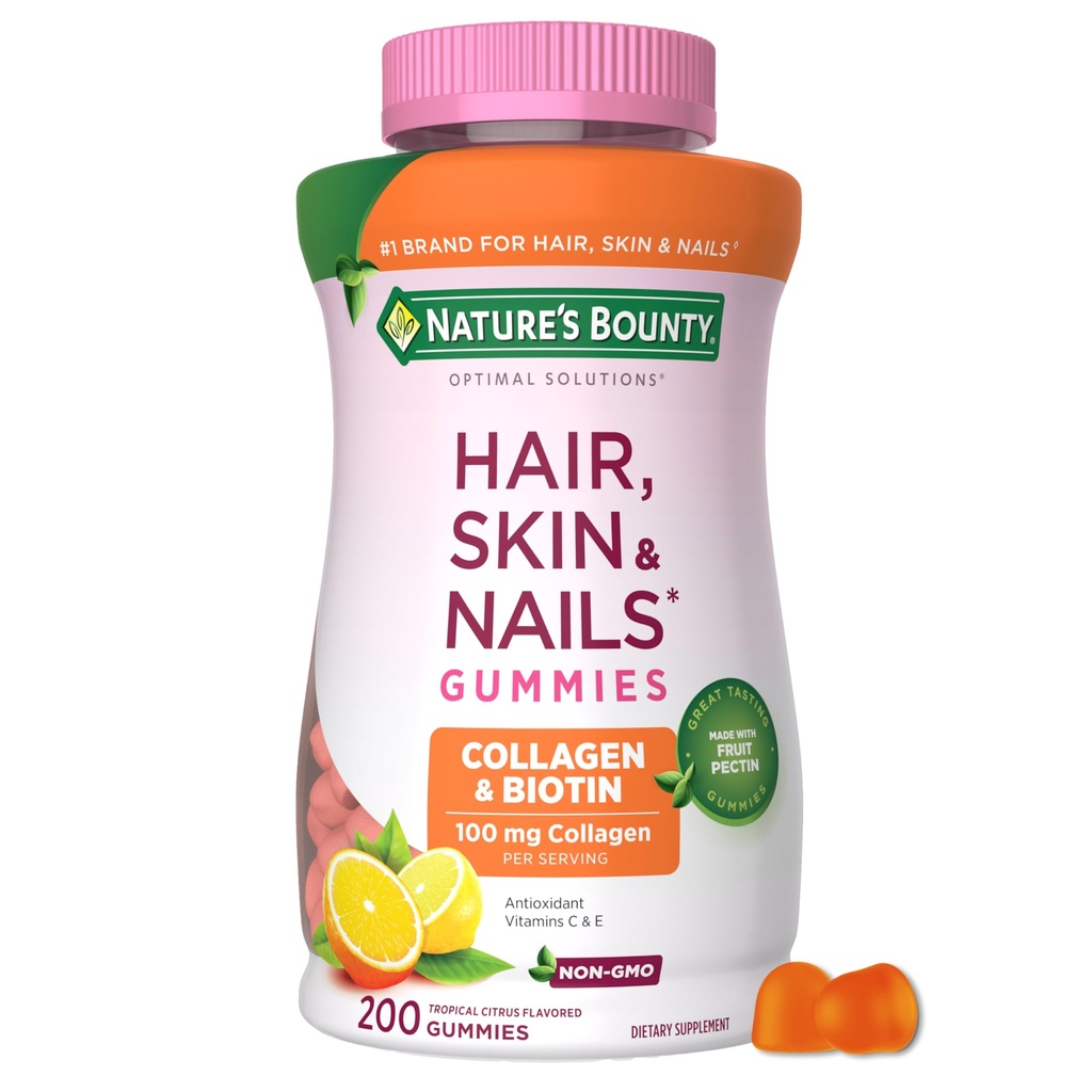 Nature's Bounty Optimal Solutions Hair, Skin and Nails Collagen Pectin Gummies, 100 mg Collagen and 2,500 mcg Biotin Per Serving, No Stick Gummy, Tropical Citrus Flavor, 200 ct, 100 Total Servings