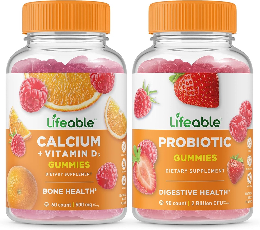 Lifeable Calcium with Vitamin D + Probiotic 2 Billion CFU, Gummies Bundle - Great Tasting, Vitamin Supplement, Gluten Free, GMO Free, Chewable