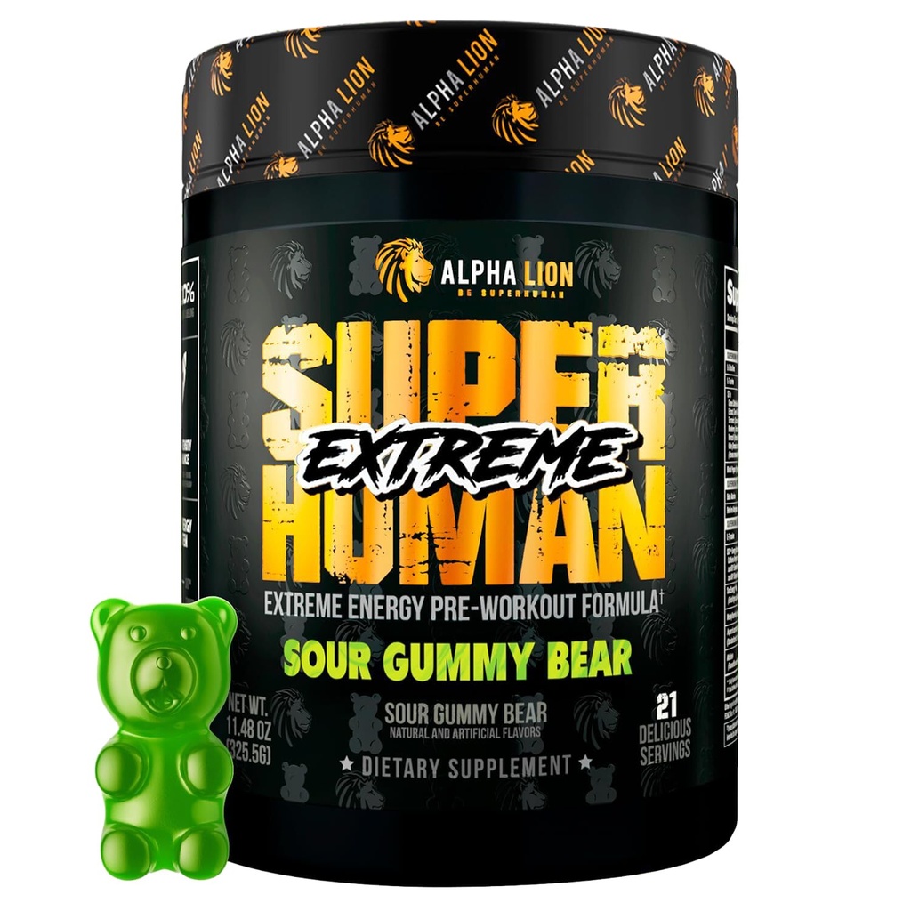 ALPHA LION Superhuman Extreme High Stim Pre Workout Powder, Beta Alanine, L-Taurine & 356mg Tri-Πηγή καφεΐνη για Παρατεταμένη Ενέργεια, Nitric Oxide & Κιτρουλίνη για Αντλία (21 Σερβίρισμα, Αρκούδο Sour Gummy)