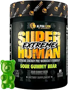 ALPHA LION Superhuman Extreme High Stim Pre Workout Powder, Beta Alanine, L-Taurine & 356mg Tri-Source Caffeine for Sustained Energy, Nitric Oxide & Citrulline for Pump (21 Servings, Sour Gummy Bear)