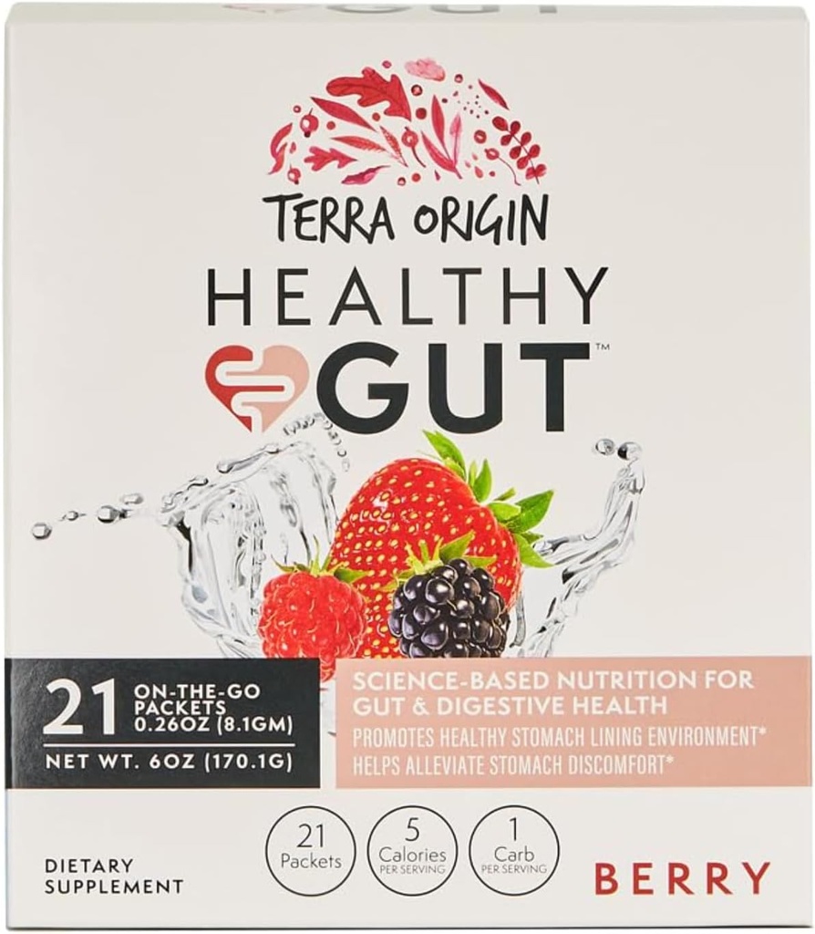TERRA ORIGIN Sağlıklı Gut Stick Packs, L-Glutamine, Terpery Elm, Aloe Vera, Licorice Root Extract, Gut Health, Digestive Support, Leaky Gut Onarım, Immune Function, On-Go, 21 Ct, Berry