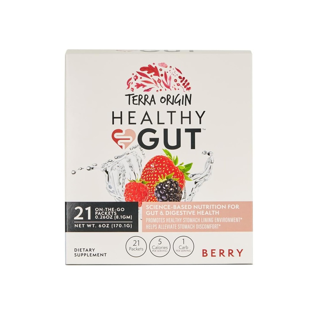 TERRA ORIGIN Sağlıklı Gut Stick Packs, L-Glutamine, Terpery Elm, Aloe Vera, Licorice Root Extract, Gut Health, Digestive Support, Leaky Gut Onarım, Immune Function, On-Go, 21 Ct, Berry