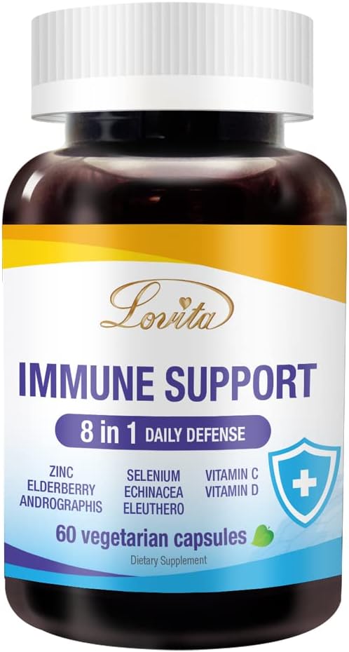 Lovita Immune Support 8 in 1, Elderberry with çinko and Vitamin C, Vitamin D, Selenium & Echinacea, Andrographis, Sibirya BTC - Immune ATM Supplement, 60 Vegetarian Capsules