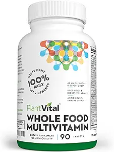 Plantvital Whole Food Multivitamin - 42 Superfoods Raw Veggies ve Meyveler Dünya Enerji Meyveleri ve Veggies Tamam Saf Meyve ve Sebze Supplementleri - 90 Tabletler