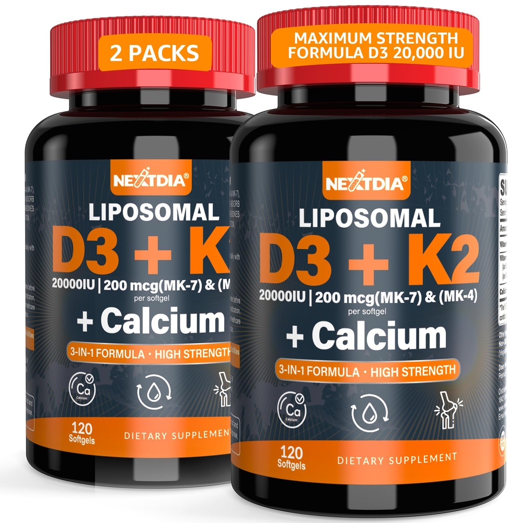 Βιταμίνη D3 20.000 IU + K2(MK7) 200mcg-Optimal Vitamin D3 & K2-Support Strong Οστά & Μύες, Απορρόφηση ασβεστίου & Ανοσοποιητική Υγεία, Βοηθώντας Ανεπάρκειες Βιταμίνης D, Εύκολο στην Κατάποση, (Pack of 2)