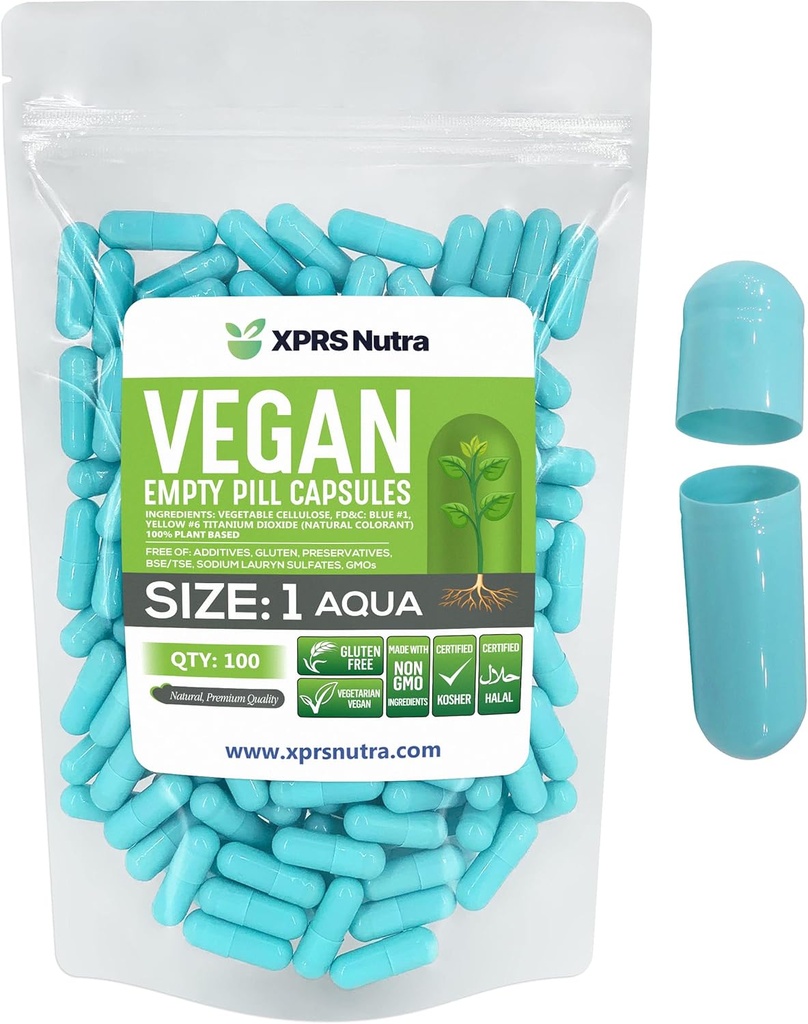 XPRS Nutra Boyutu 1 Boş Kapsüller - 100 Kont Boş Vegan Capsules - Vejetaryen Pills - DIY Sebze Kapsülü - Veggie Pill Caps For Do-It- Yourself Supplements (Aqua)