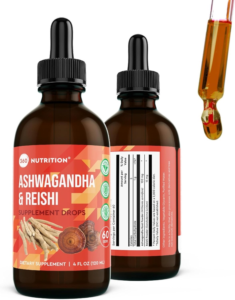 360 Beslenme Ashwagandha & Reishi Root Supplement Drops for Stress Relief, Stamina & Longevity, and Energy Support - Vegan Non-GMO Adaptojenik - 4 fl oz, 60 Hizmet