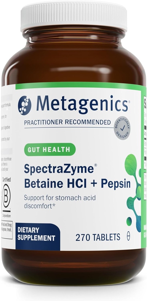 Metagenics SpectraZyme Betaine HCI + Pepsin - Destekler Stomach Health & Aids in Digestion* - Betainel HC & Pepsin - Proteolytic Digestive Enzyme* - Non-GMO - 135 Hizmet - 270 Tabletler