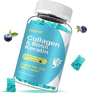 Collagen ile Biotin Gummies, Keratin, Hyaluronic Asit, Skin için Vitamin, Saç Büyümesi, Nails, Kadınlar Erkekler Yetişkin Çocuklar - 60 Blueberry Flavored Gummies