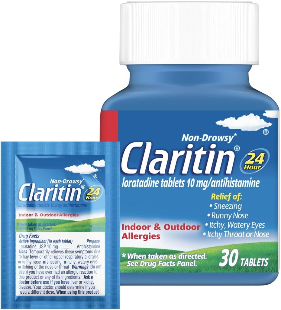 Claritin Antivirüs Tıpı Yetişkinler için, 24 Saat Non-Drowsy Loratadine 10 mg Pills, Antihistamine, 30 Tablet + 1ct On-Go Relief