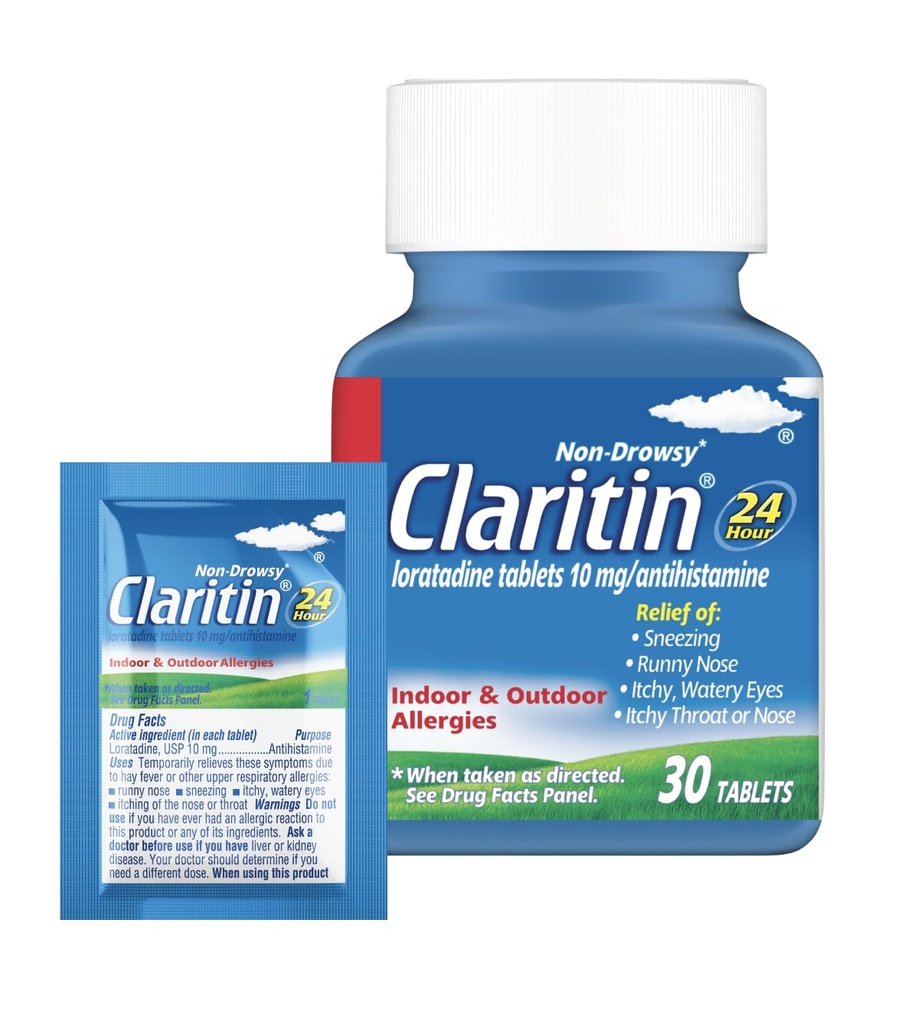 Claritin Antivirüs Tıpı Yetişkinler için, 24 Saat Non-Drowsy Loratadine 10 mg Pills, Antihistamine, 30 Tablet + 1ct On-Go Relief