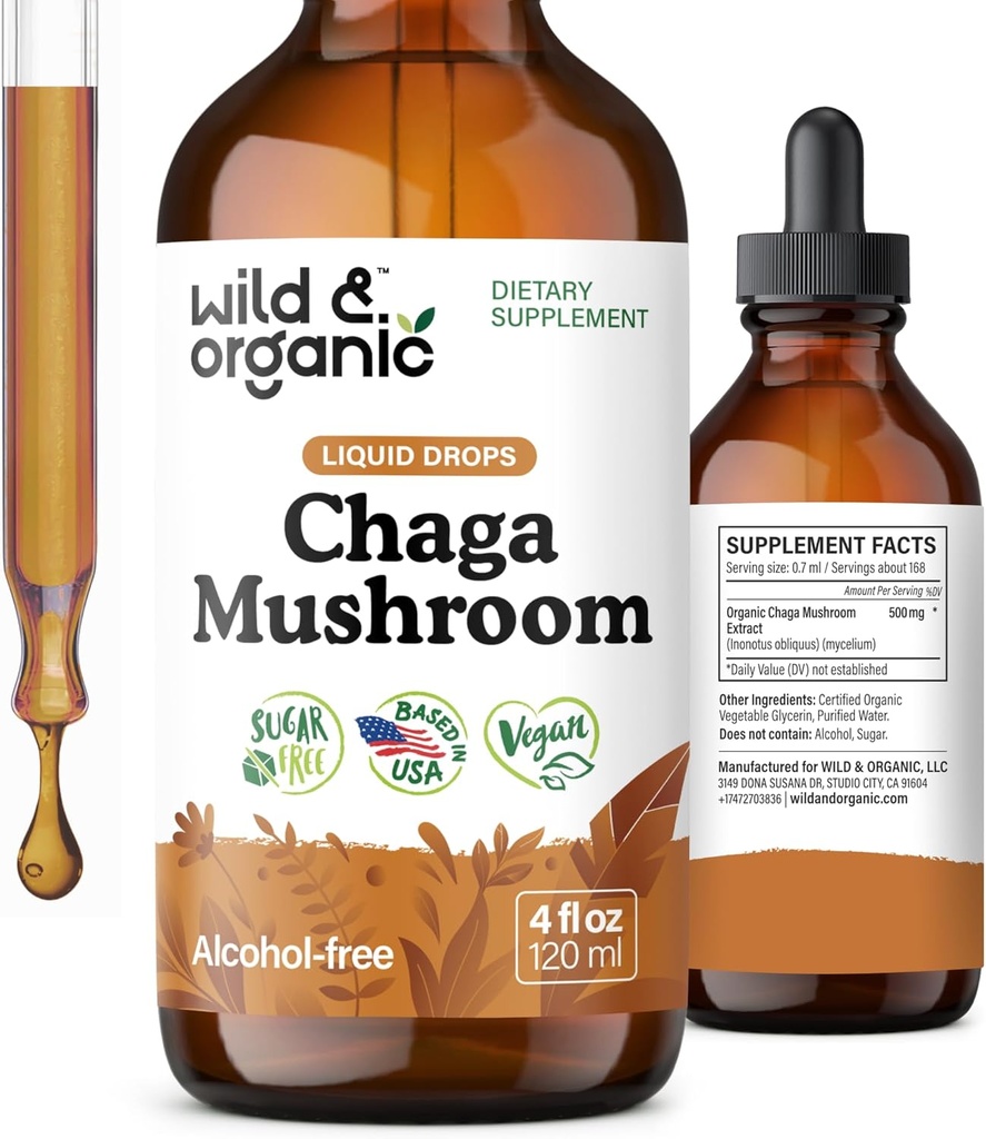 Wild & Organic Chaga Mushroom Drops - Immune Support with Chaga Extract - Sıvı Mushroom Supplement for Immunity - Vegan, Sugar & Alkol Free Tincture - 4 fl ozzz
