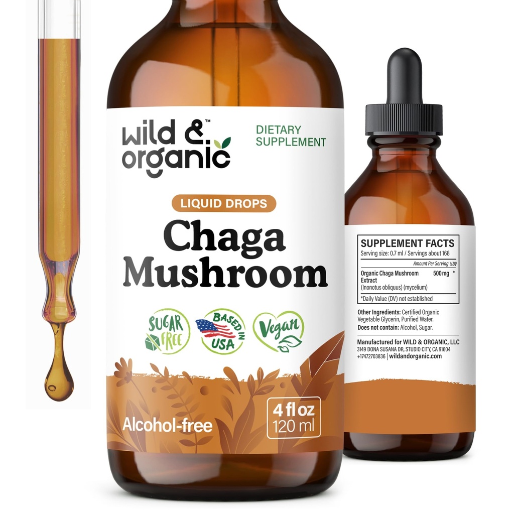 Wild & Organic Chaga Mushroom Drops - Immune Support with Chaga Extract - Sıvı Mushroom Supplement for Immunity - Vegan, Sugar & Alkol Free Tincture - 4 fl ozzz