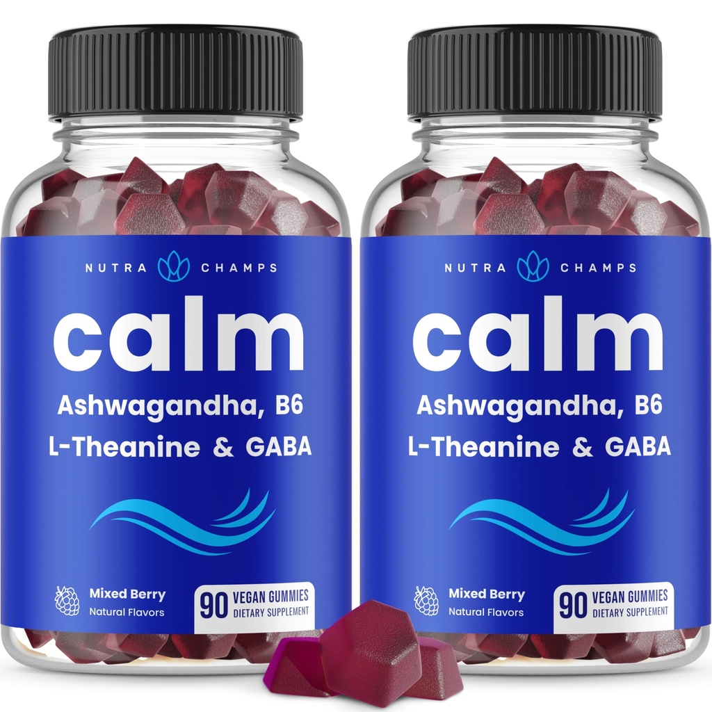 NutraChamps Calm Gummies, Stres Gummies Supplement with Ashwagandha, L-Theanine, GABA, Vitamin B6 & Lemon Balm, 90 Gummies (Pack of 2)