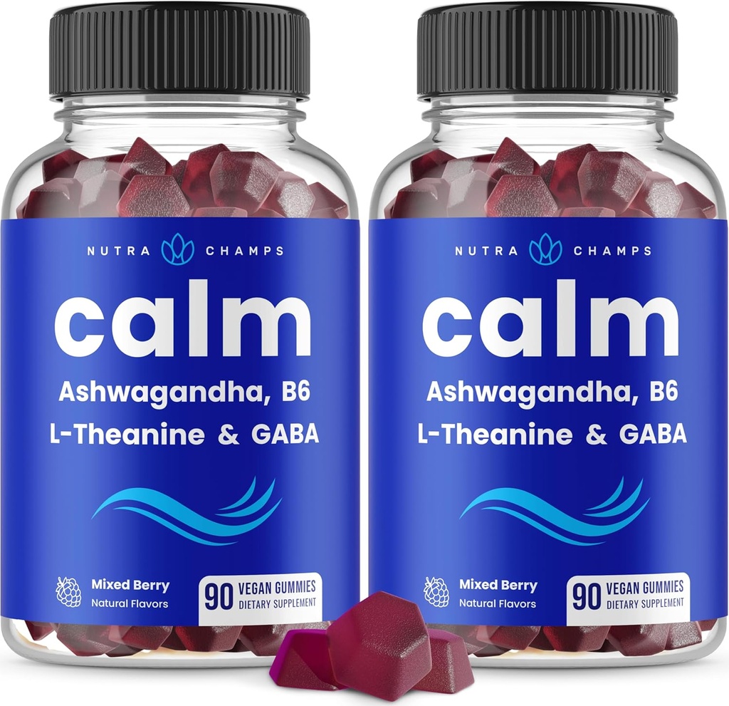 NutraChamps Calm Gummies, Stres Gummies Supplement with Ashwagandha, L-Theanine, GABA, Vitamin B6 & Lemon Balm, 90 Gummies (Pack of 2)