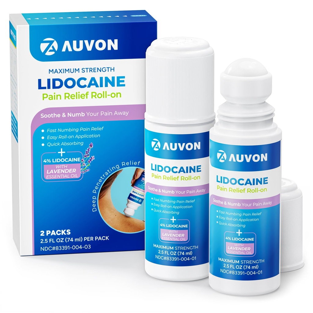 AUVON Max Δύναμη Lidocaeine Pain Relief Roll-On with Lavender Essential Oil, No Mess Applicator, Quick Absorbing to Numb & Soothe Pain Relief for Knees, Shoulders, FSA/HSA Επιλέξιμες, 2.5 OZ, 2 συσκευασίες