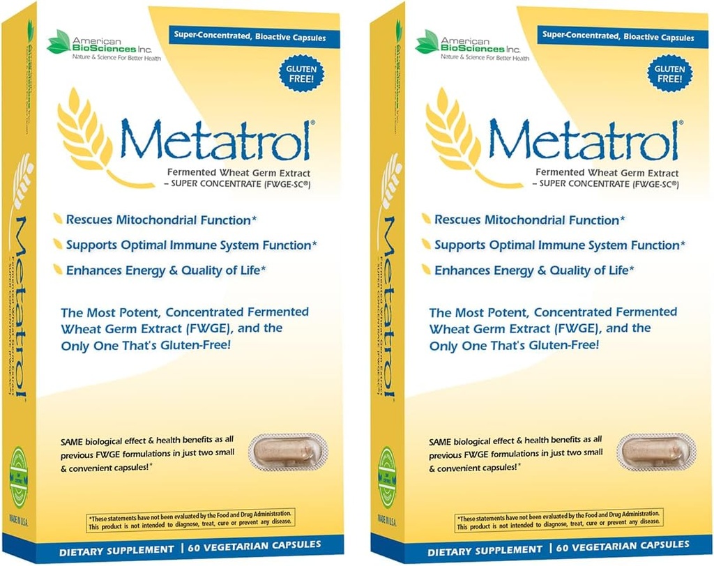 American BioSciences Metatrol 2-box Bundle, Mitochondrial Διάσωση & Καθημερινή υποστήριξη ανοσοποιητικού συστήματος Fermented εκχύλισμα σιταριού - Σούπερ συμπύκνωμα, 60 κάψουλες ανά κουτί, 41mg FWGE-SC ανά υπηρεσία