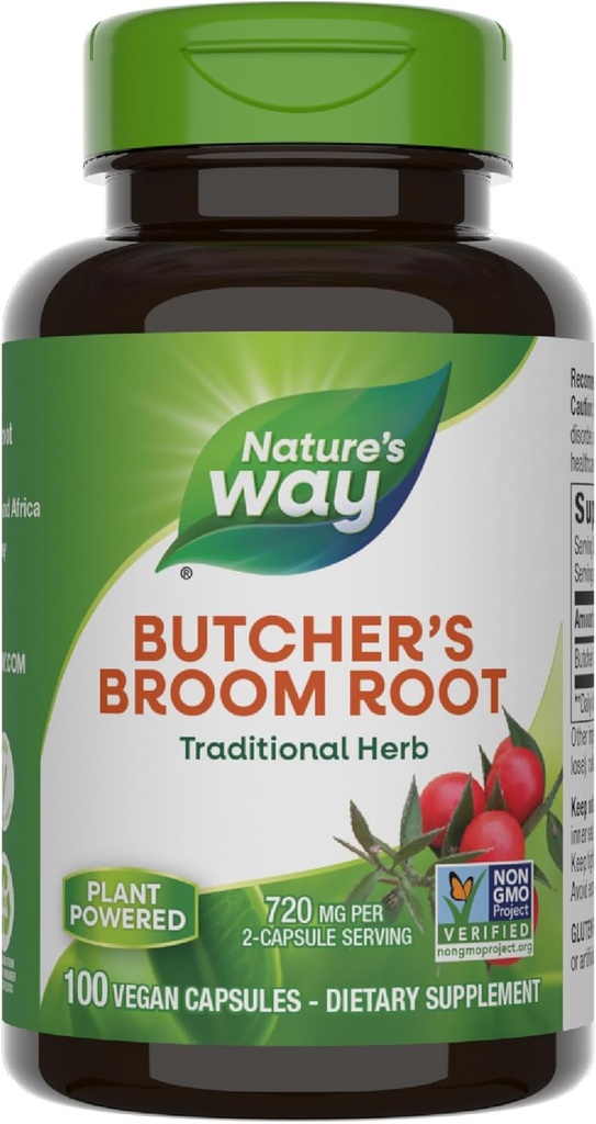 Nature's Way Butcher's Broom, Traditional Herb, 720 mg per 2Capsule Service, Non-GMO Projesi Doğrulandı, 100 Vegan Capsules (Pazar Mayıs Vary)
