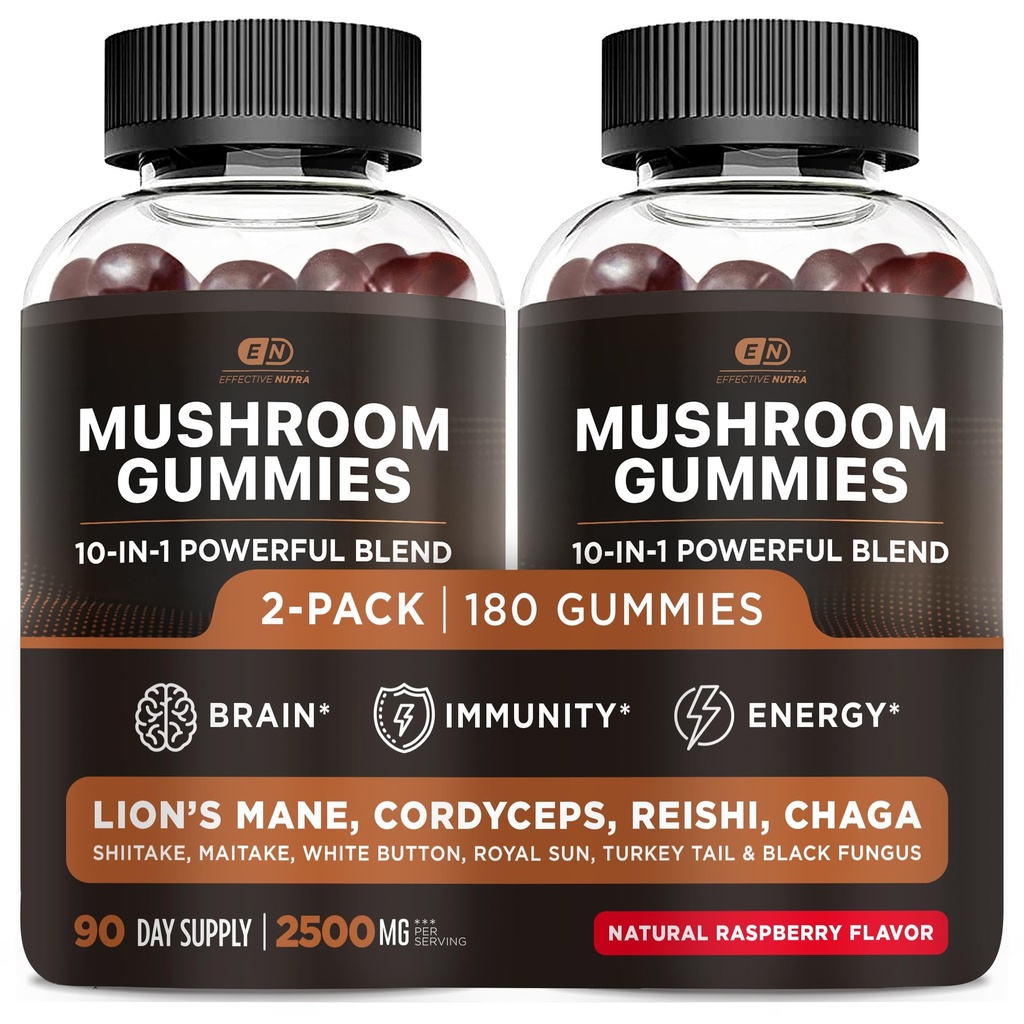 EFFECTIVE NUTRA Mushroom Gummies 2500 mg | 10 Mix w/Lions Mane, Reishi, Chaga, Cordyceps & More | Focus, Memory, Immunity, Energy | Natural Berry Flavor Supplement | Vegan, ABD'de Yap