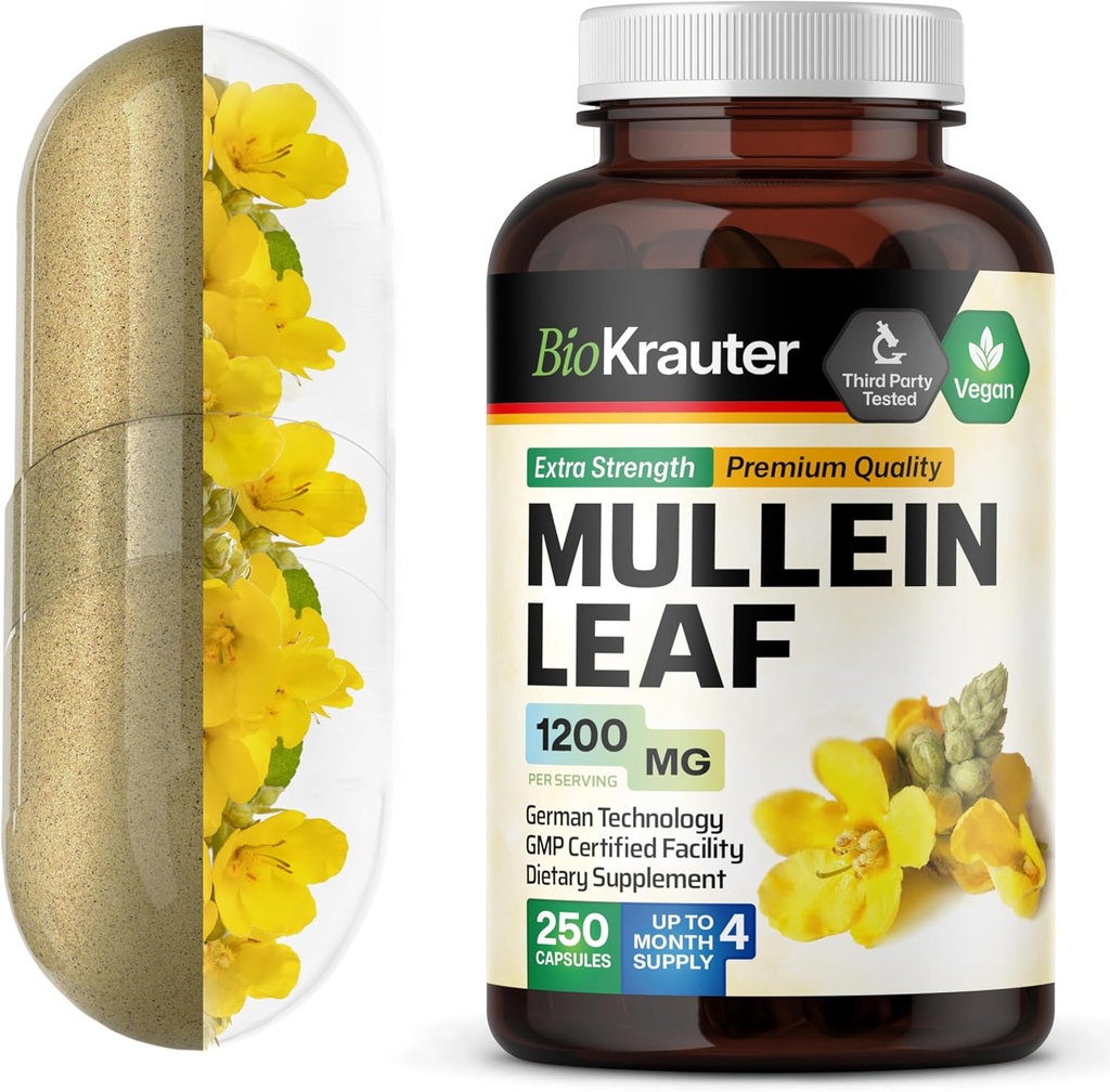 BIO KRAUTER Mullein Κάψουλες 1200 mg 250 Count - Pure Vegan Mullein Leaf Extract για Πνεύμονες - 125 ημέρες προσφοράς - Lung Cleanse & αναπνευστική υποστήριξη συμπληρώματα - Χωρίς πληρωτικά, μη ΓΤΟ