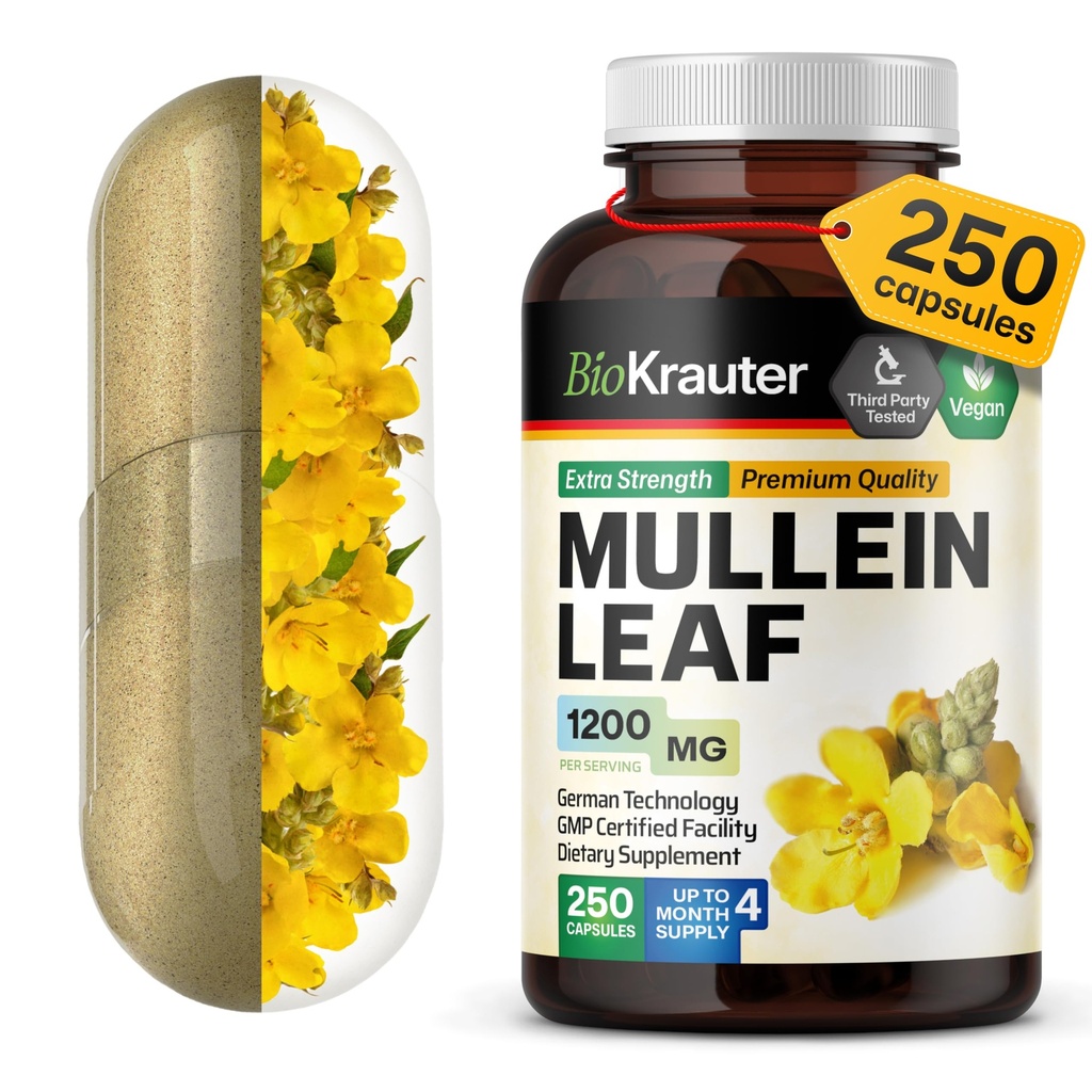 BIO KRAUTER Mullein Κάψουλες 1200 mg 250 Count - Pure Vegan Mullein Leaf Extract για Πνεύμονες - 125 ημέρες προσφοράς - Lung Cleanse & αναπνευστική υποστήριξη συμπληρώματα - Χωρίς πληρωτικά, μη ΓΤΟ
