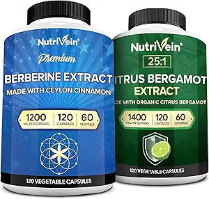 Nutrivein Premium Berberine 1200 mg & Citrus Bergamot Extract 1400 mg Sche - Ceylon Cinnamon & 25:1 Bergamia Ekstraksiyon - Kilo Yönetimi ve Immune Support Plus Heart Health - 120 Capsules Every