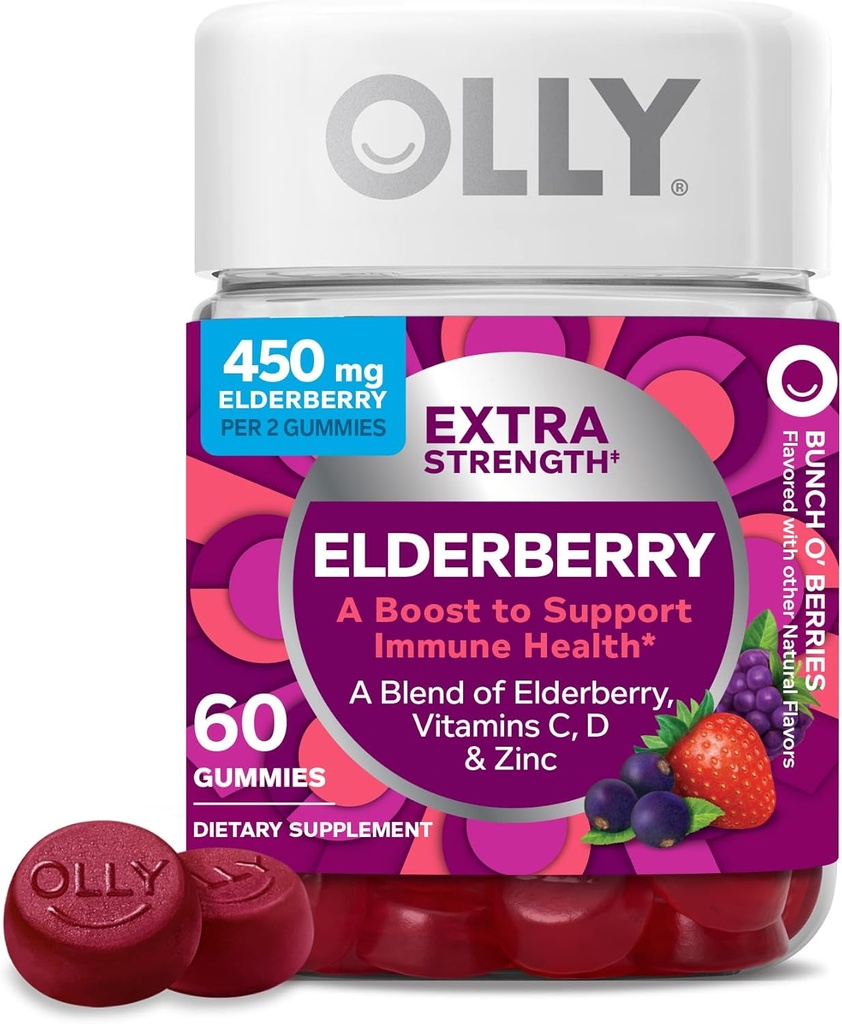 OLLY Extra Strength Elderberry Gummies, Immune Support, 450 mg Elderberry, C, D ve çinko, Berry - 60 Count Count Count Count