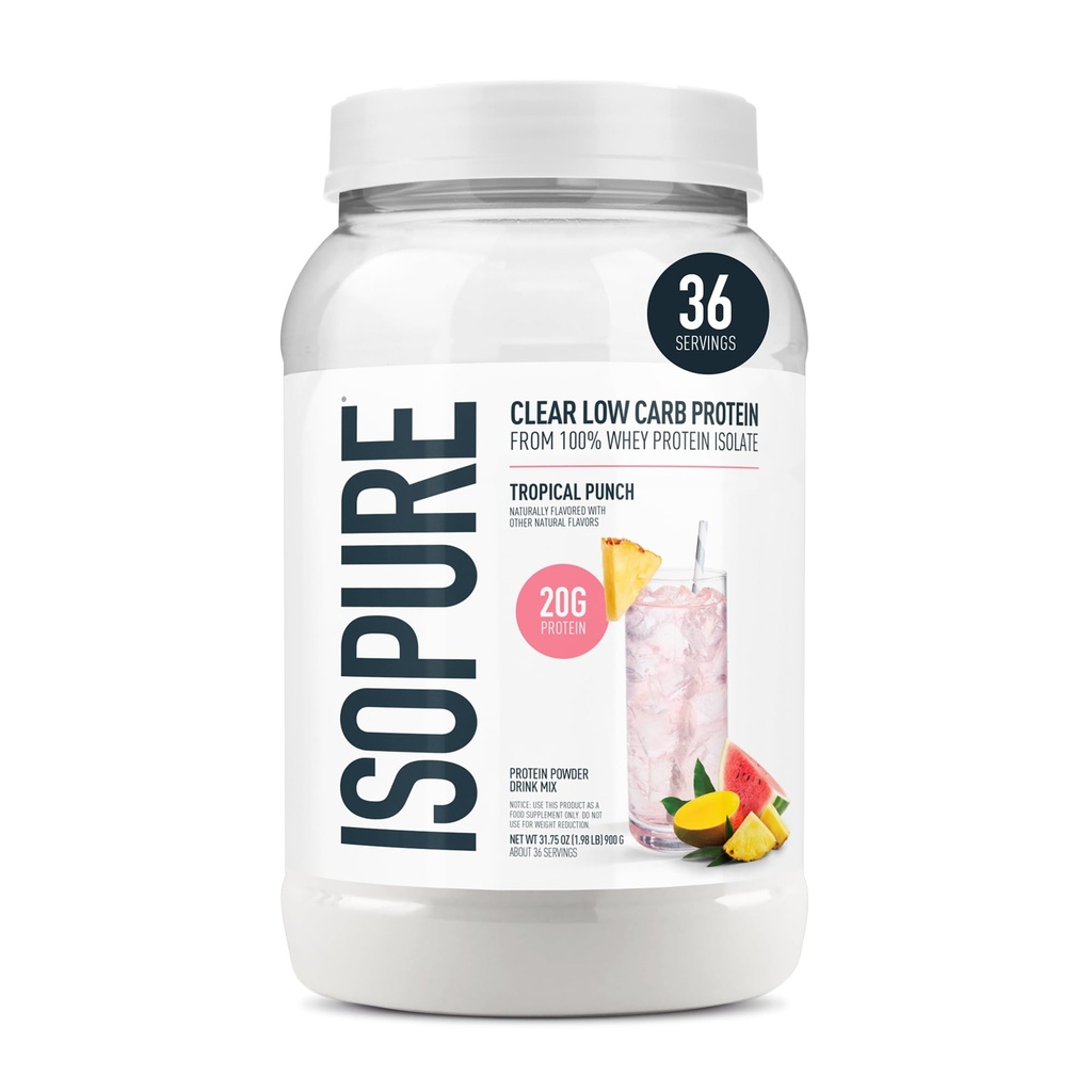 Isopure Clear Whey Isolate Protein Powder, Lactose Free, Gluten Free, Φυσικώς αρωματισμένη, Tropical Punch, 20g Protein Per Serving, 1.9 Lbs, 36 Servings (Packaging May Vary)