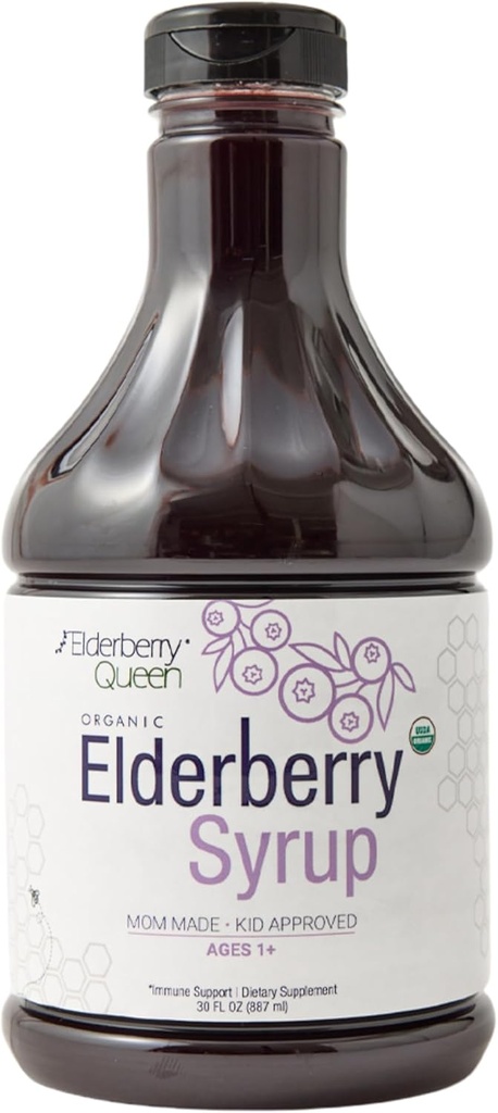 Elderberry Queen Organic Elderberry Syrup 30 Fl Oz - Ανοσοποιητική Φόρμουλα Υποστήριξης με Sambucus Black Elderberry & Aronia Berry - Καθαρό Φυσικό Πιστοποιημένο Βιολογικό Syrup Elderberry για Παιδιά και Ενήλικες