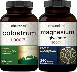 NatureBell Magnezyum Glycinate Capsules 500 mg & Colostrum Capsules 1000mg Per Mail Paketi | Chelated & Purified Mineral | Mother's First Milk from Grass Fed Bovine