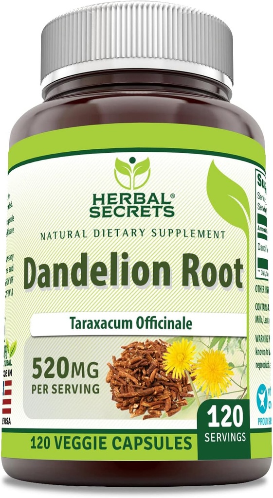 Herbal Sırları Dandelion Root Supplement | 520 Mg | 120 Veggie Capsules | Non-GMO | Gluten Free | Made in USA