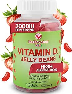 D3 Jelly Beans - Çocukların Immune Desteği için Chewable Vitamins Gummies - Bone & Common Support için Multivitamin Supplements - 2.000 IU Vegetarian Gummy - 120 Strawberry Flavor Beans